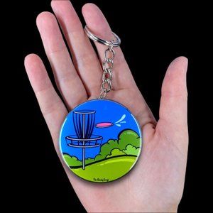 Disc Golf Keychain, Retro Outdoor Sports Accessories Handmade Button Style 2.25"